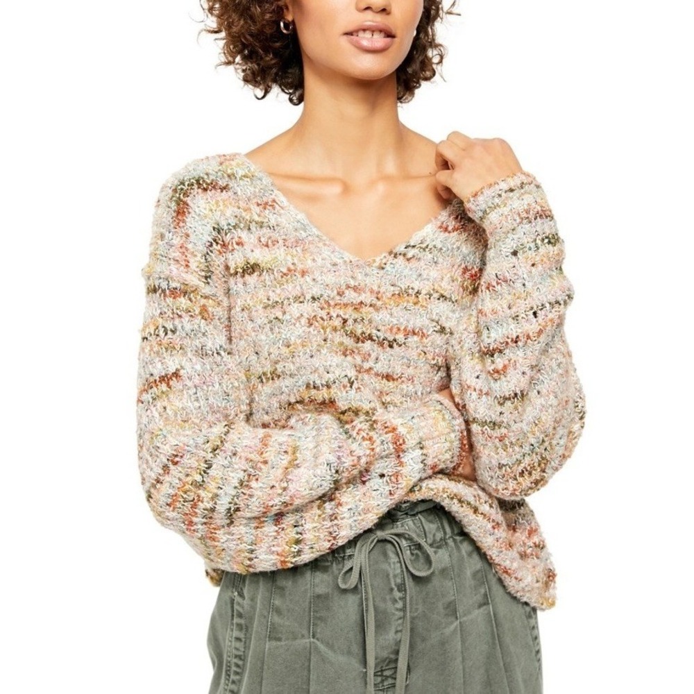 Free People‎ Highland Chunky Knit Oversized V-Neck Mendocino Combo Sweater XS